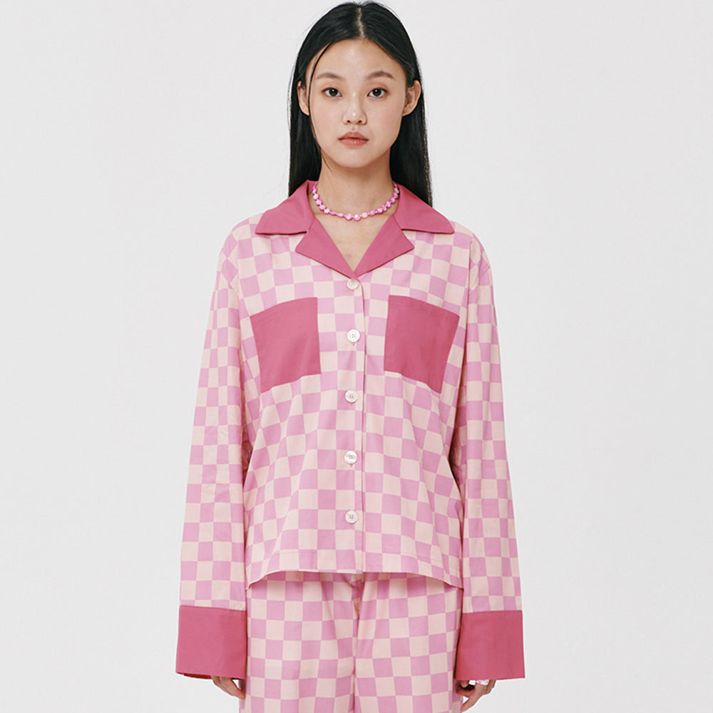 (W) Pink Grid PJ Shirts