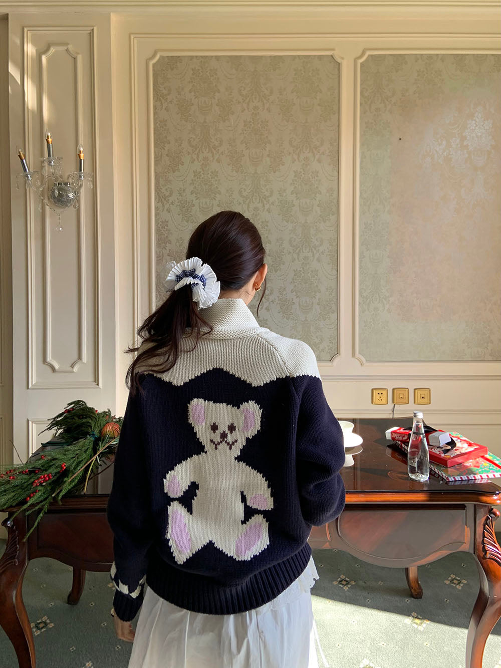 Teddy bear cardigan knit zip-up