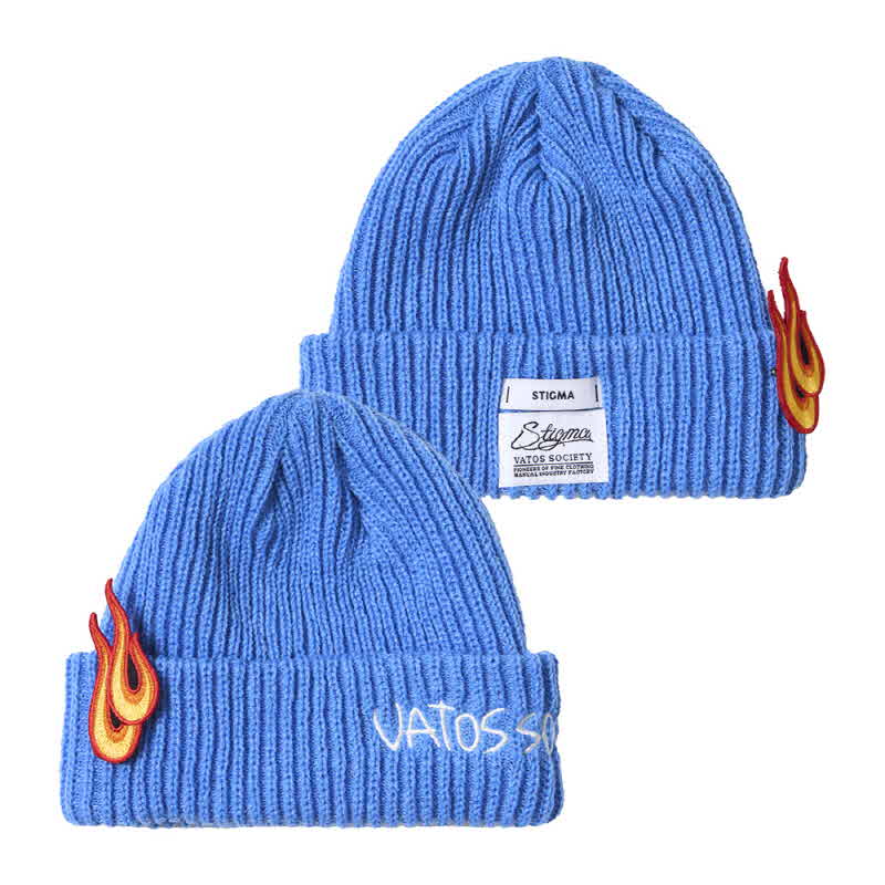 FLAME PATCH EMBROIDERED BEANIE KHAKI/ ORANGE / SKY BLUE /  BLACK