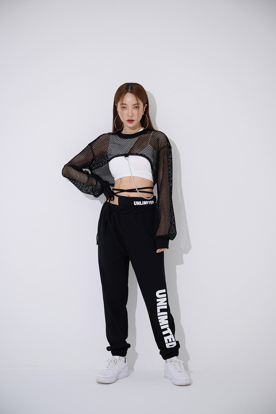 TOP(9368) Mesh Cross Crop Sweatshirt