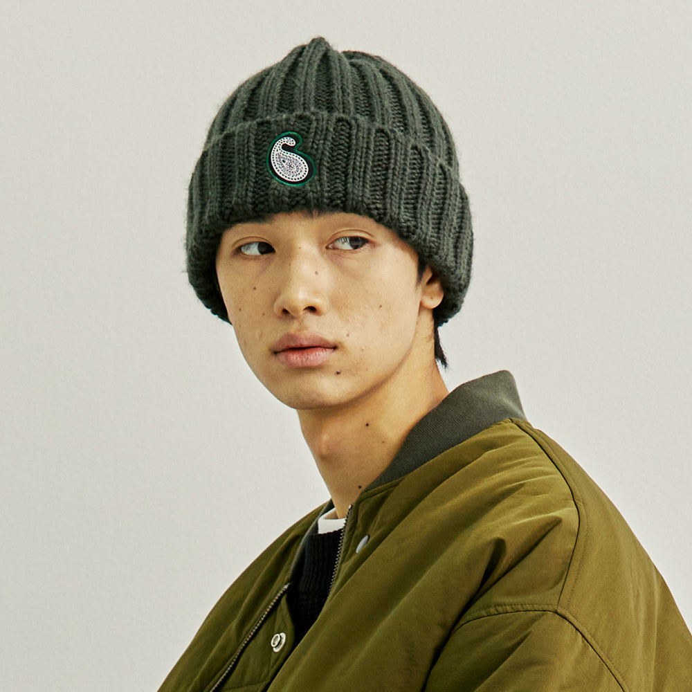 YP PAISLEY PATCH KNIT BEANIE DEEP GREEN