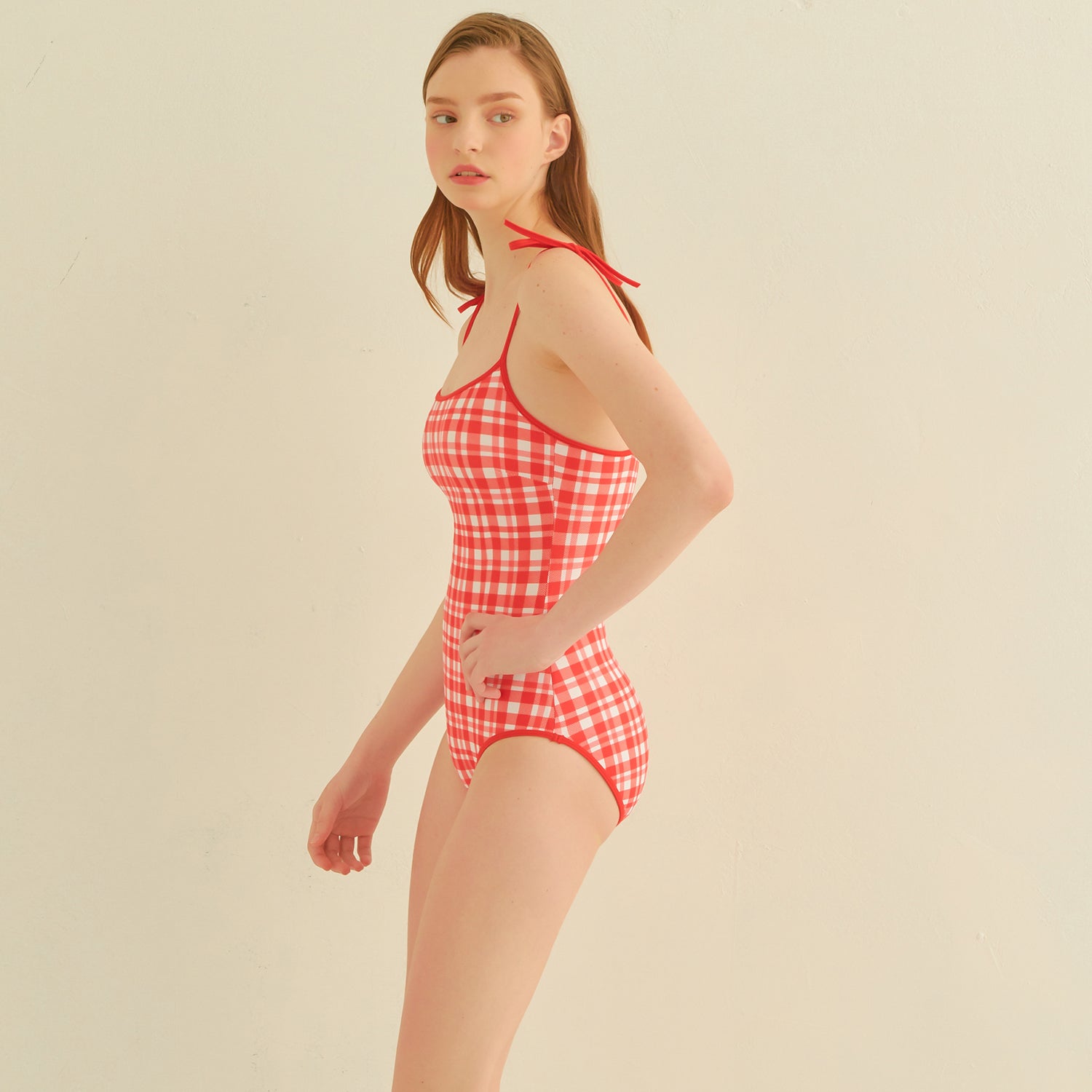 Red Check Ribbon Binding Monokini