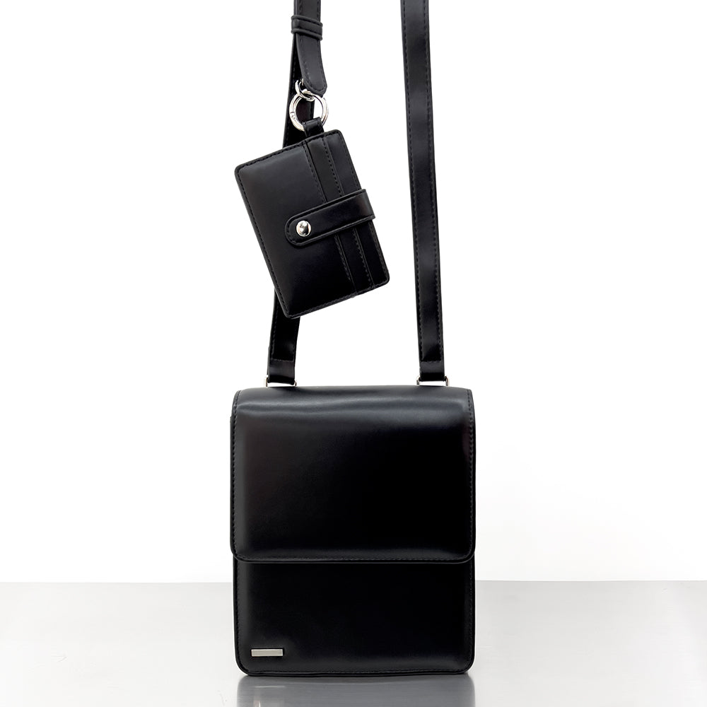 [L size]minimal bar square leather bag & multi card wallet black