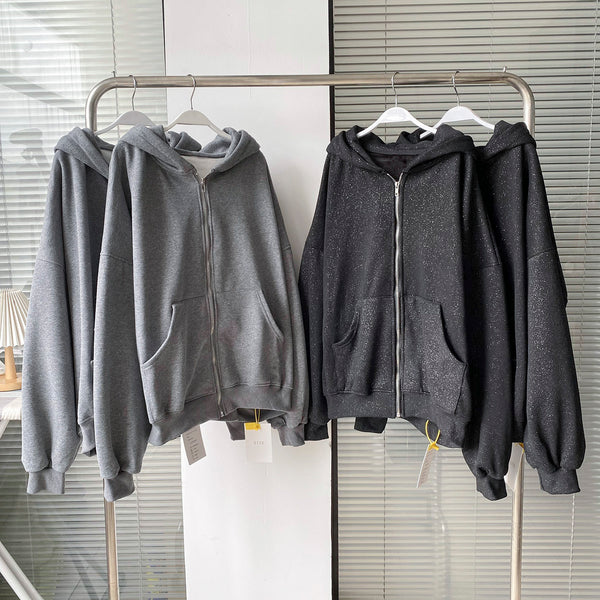 Black brushed pearl hooded zip-up