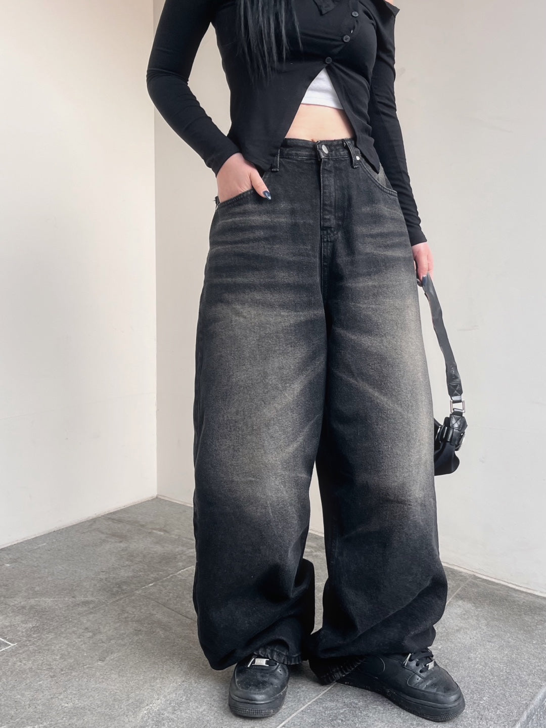 : Washing Detail Wide Fit Black Denim Pants