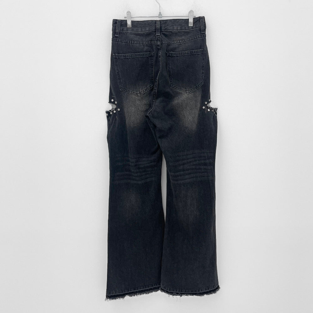 Stud side-cut wide denim jean (Black)