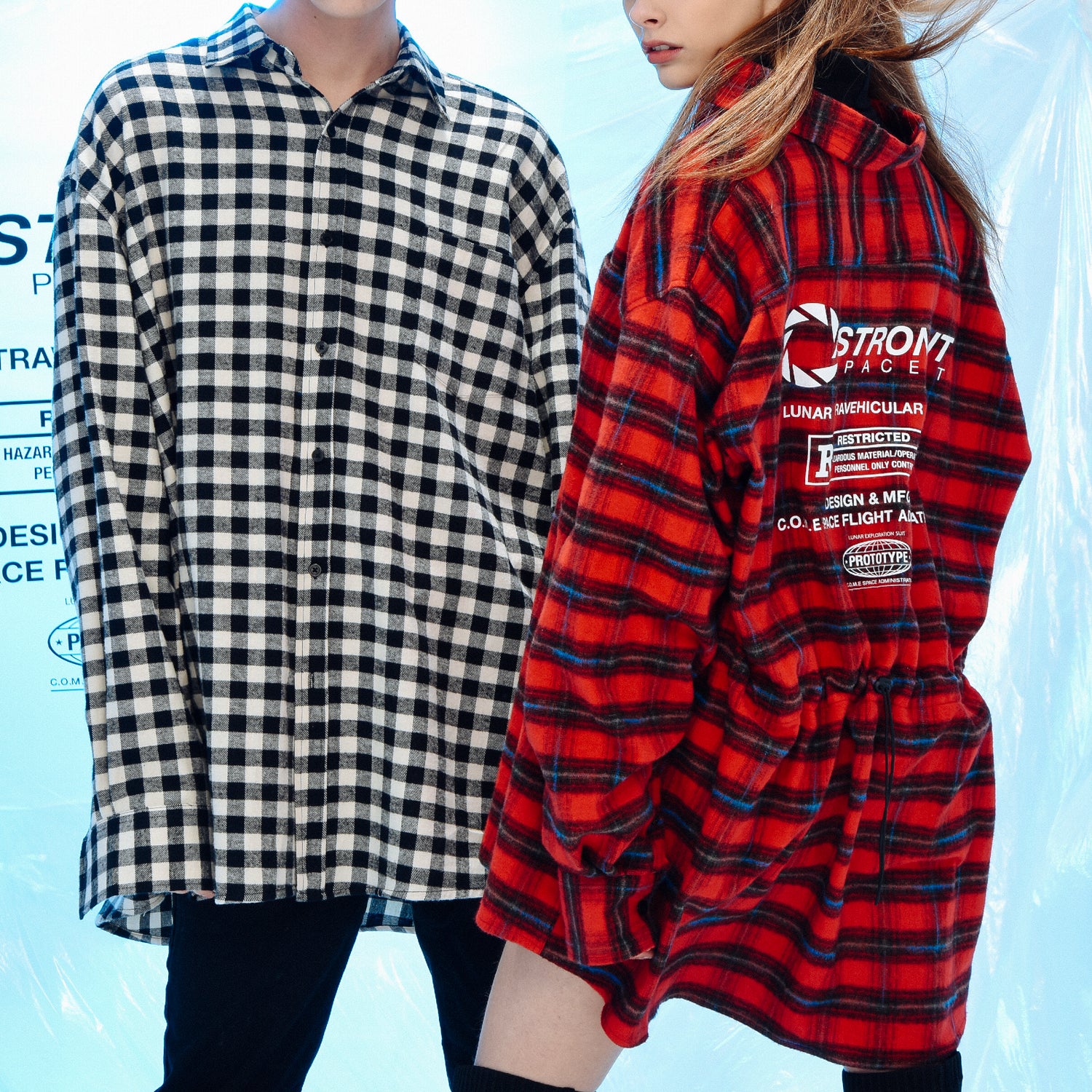 オーバーサイズシャツ[UNISEX] Oversized Drawstring Checked Shirt (RED)