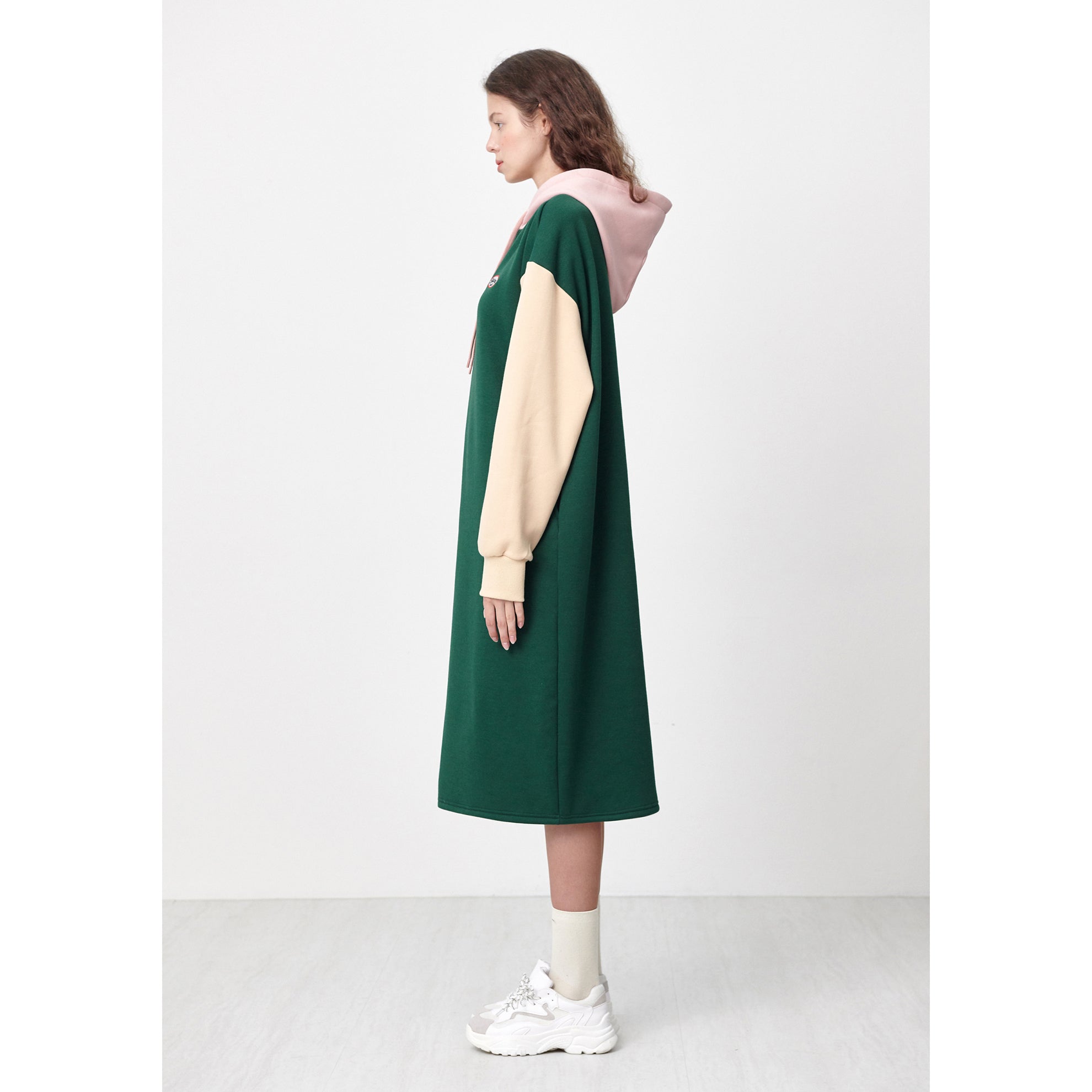 HOODIE LONG JERSEY DRESS_DARK GREEN