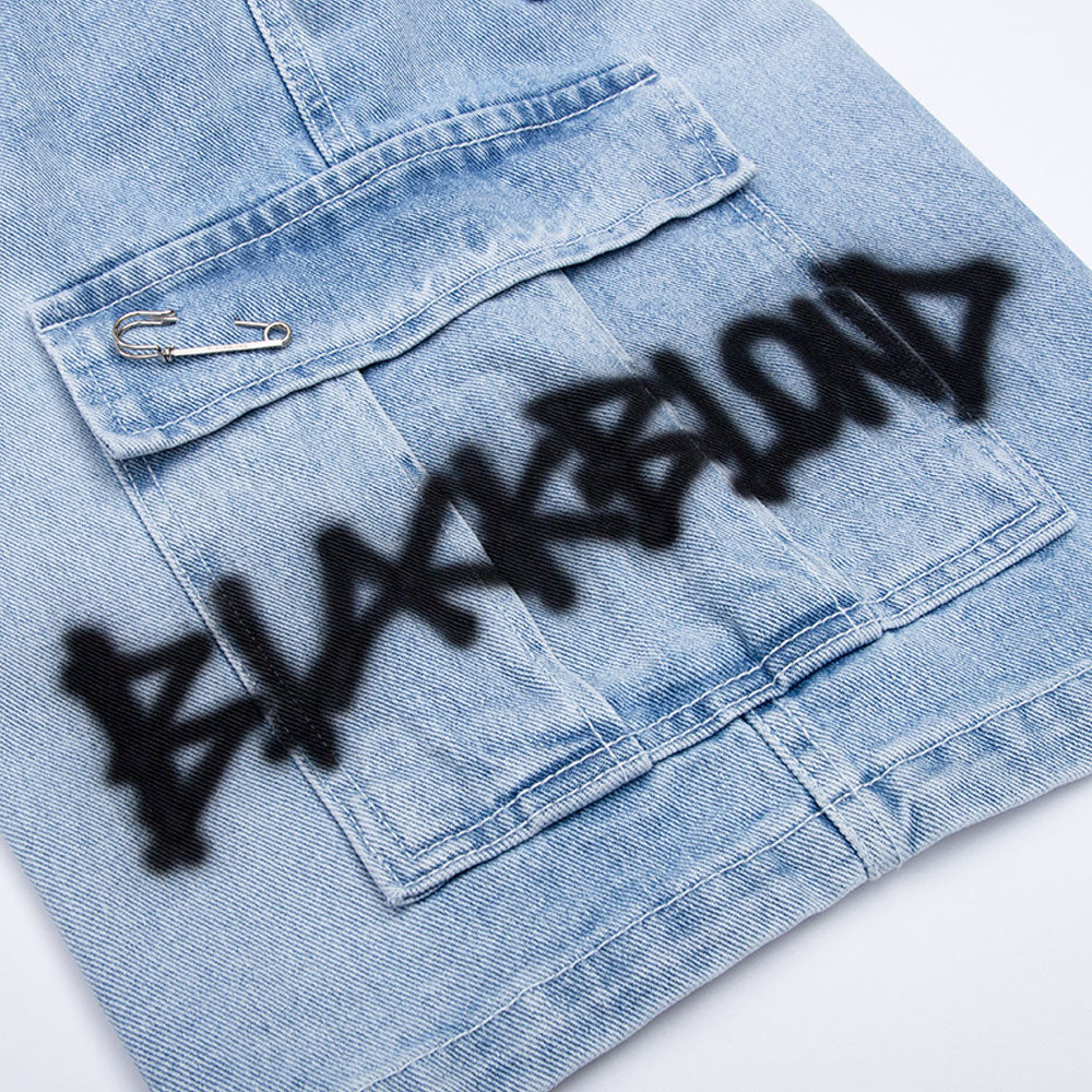 BBD Graffiti Logo Denim Cargo Shorts (Light Blue)