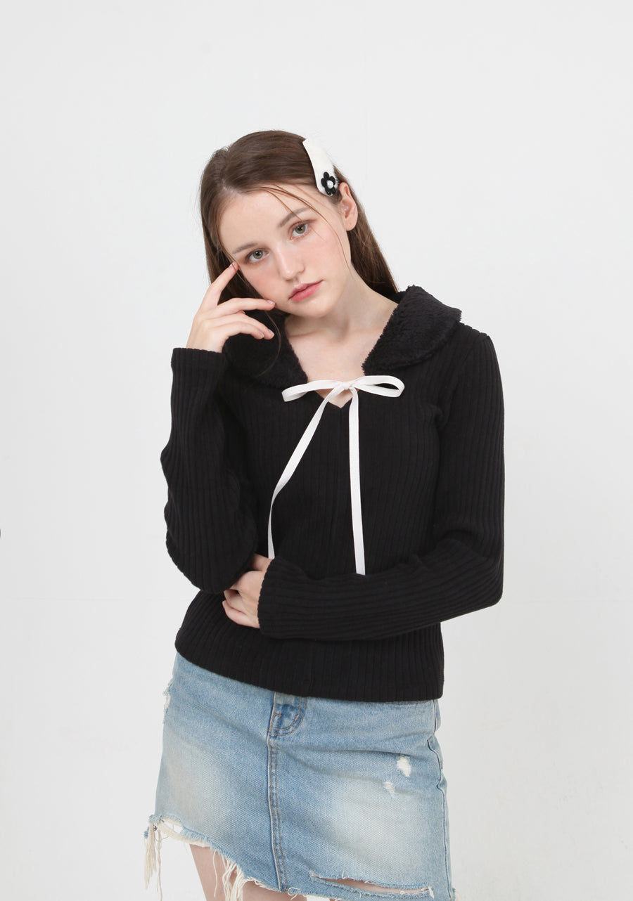 fur collar knit t-shirt black