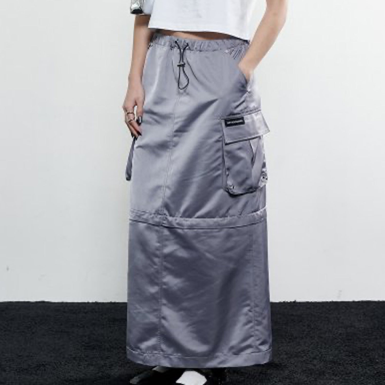 2-Way Satin Maxi Cargo Skirt (STEEL GREY)