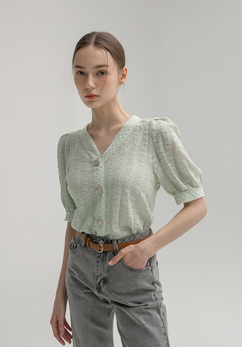 (R-BL-3849) Embossed Triangle Lace Blouse