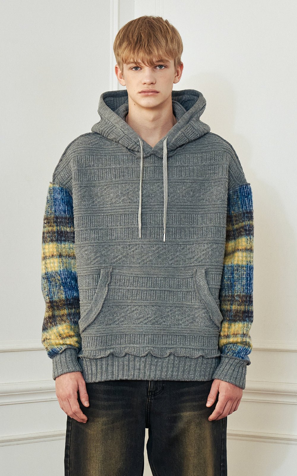 FABRIC CONTRAST WOOL KNIT HOODIE_[GRAY]