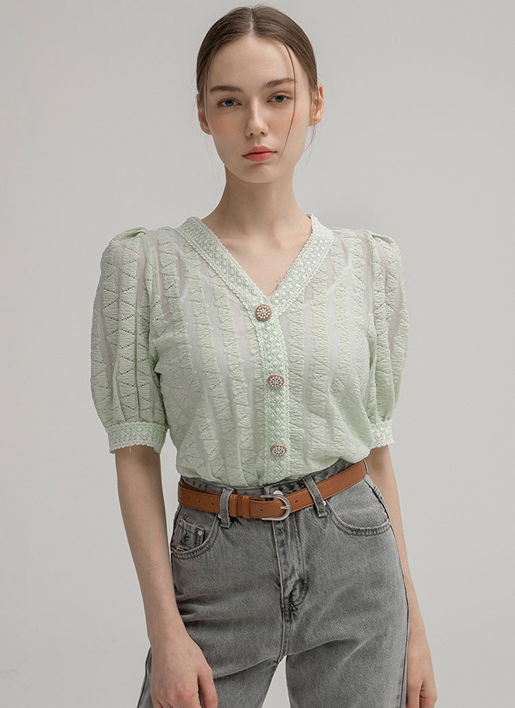 (R-BL-3849) Embossed Triangle Lace Blouse