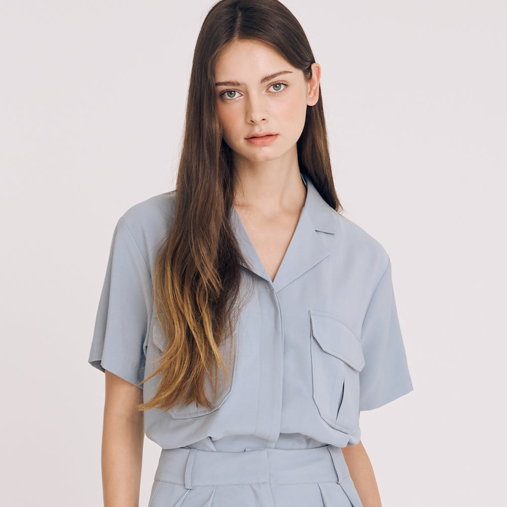 CROP TWO POCKET SHIRT(SKYBLUE)