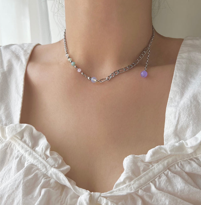 fer Pastel Opal Light Purple Beads Ball Two-Way Drop Necklace