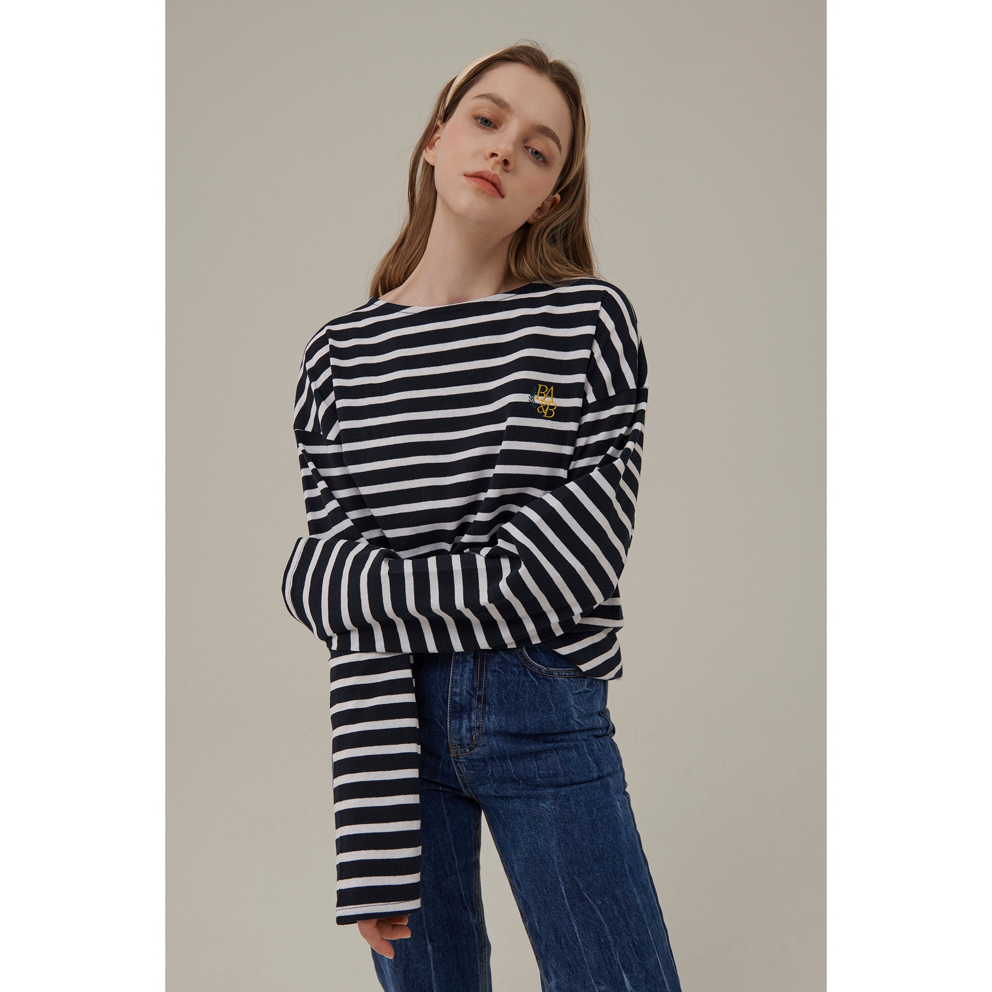 SMALL LOGO STRIPE LONG SLEEVE T-SHIRT_NAVY