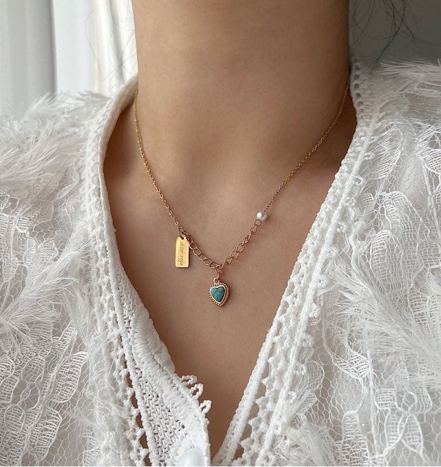 hte Pearl Color Heart Turquoise Guest Look Accent Necklace