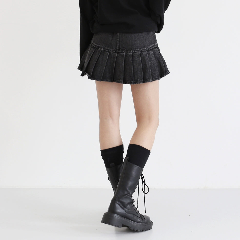 Dark pleated denim skirt