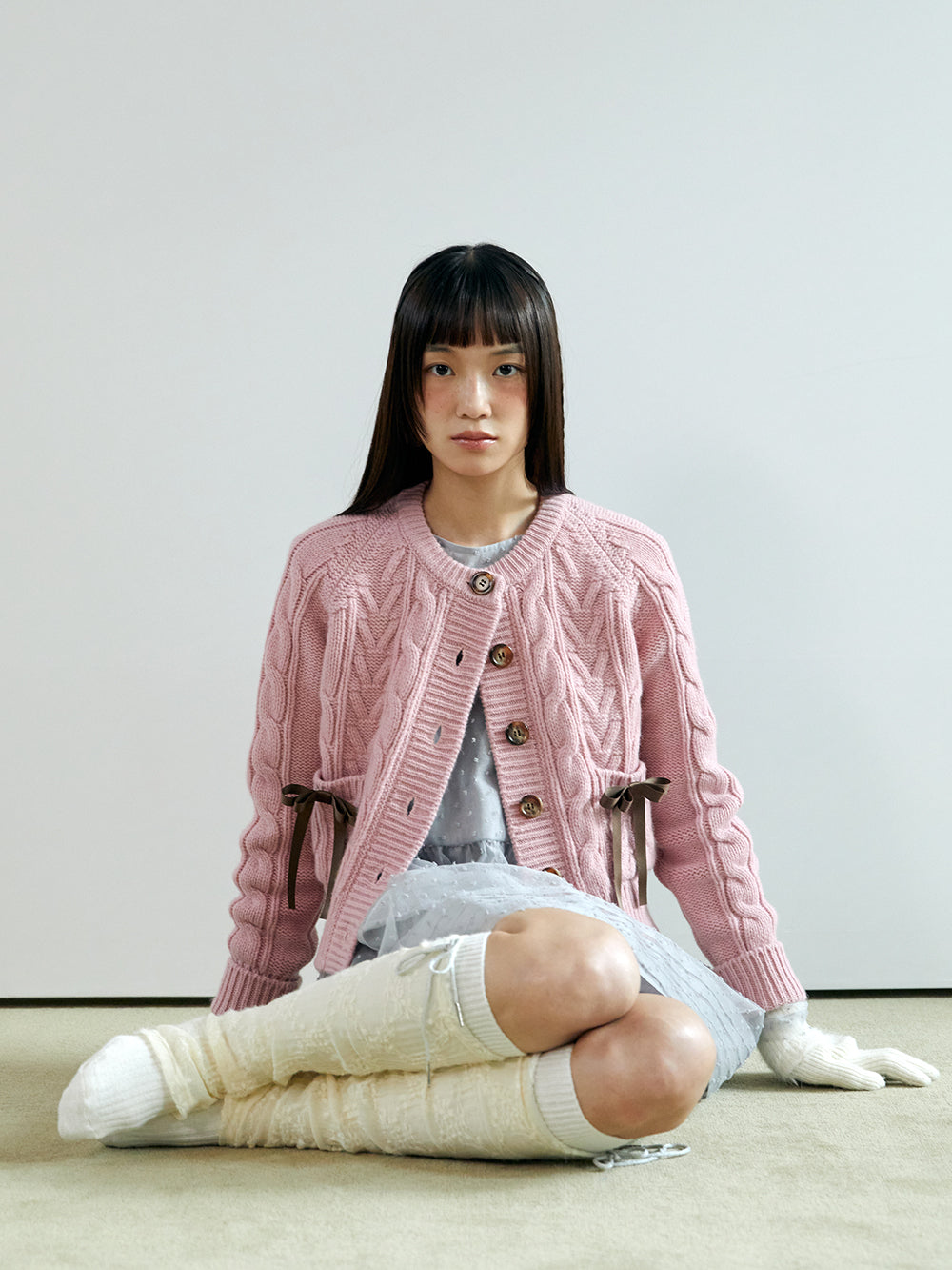 ribbon wool cable cardigan_pink