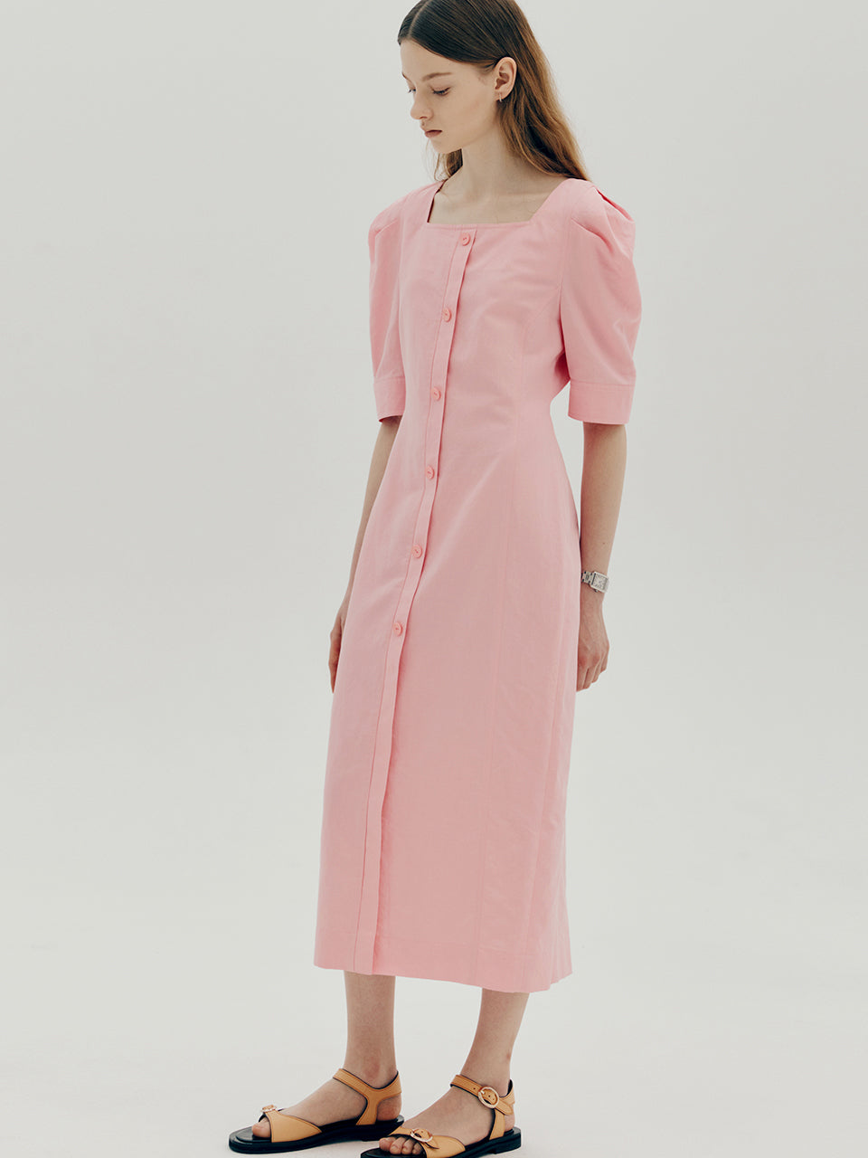 Linen square neck dress - Pink