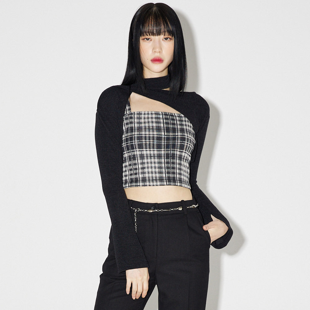 レイヤードチェックニットセット / Layered Check Knit Set [BLACK]