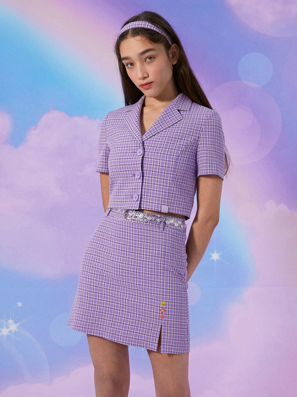 (JK-21311) CHECK CROP SHORT JACKET LAVENDER