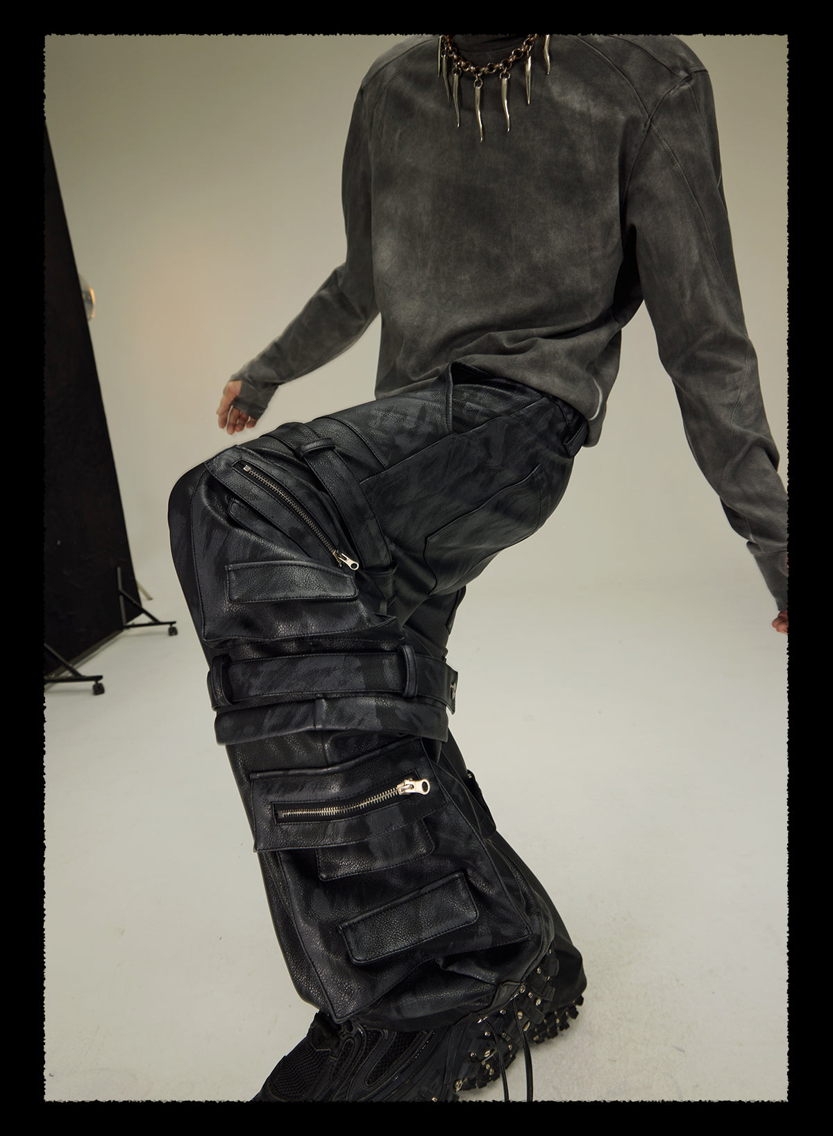  detachable multi-pocket cargo grained mud-dyed leather pants