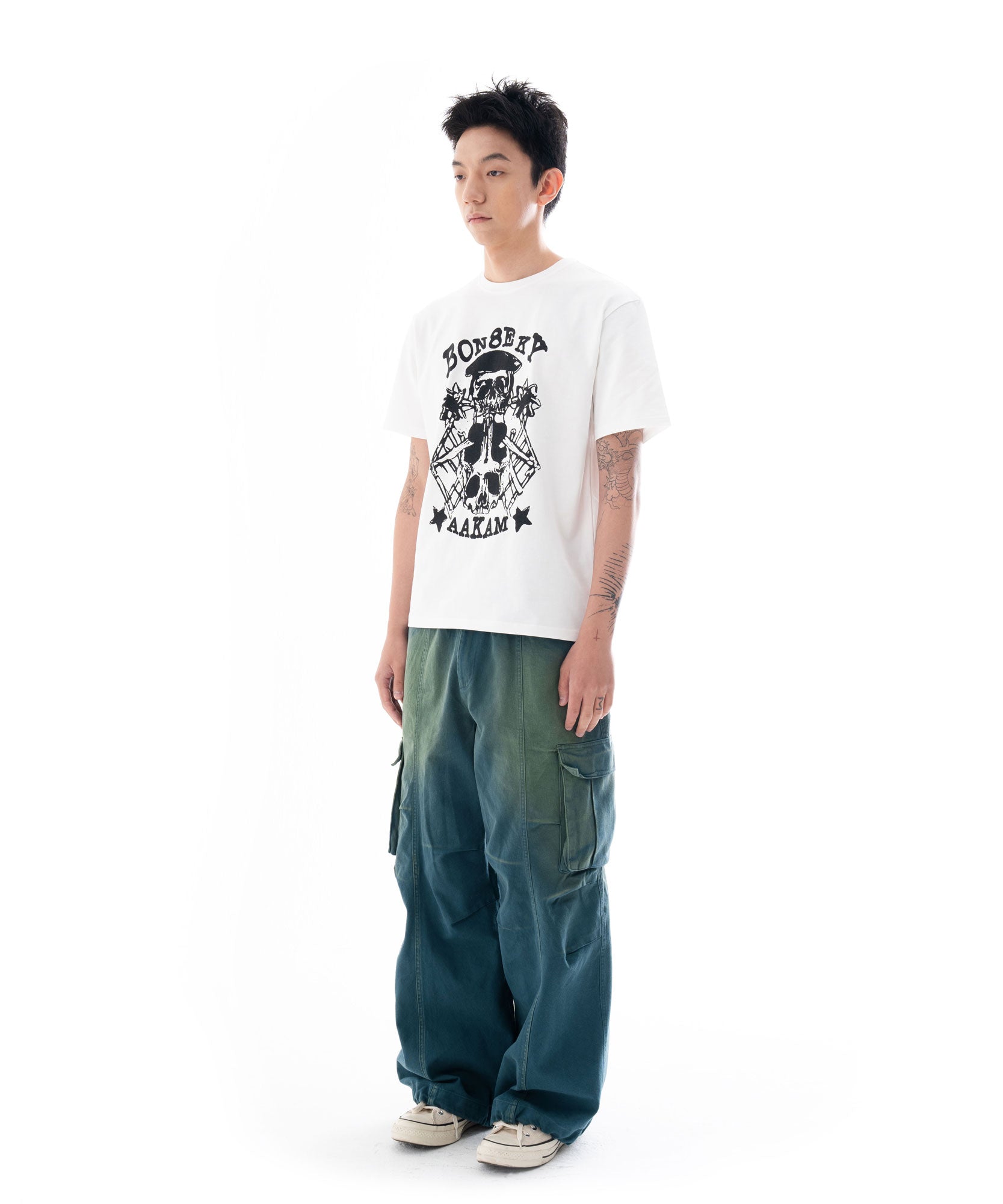 Knee Pin-tuck Wide Cargo Pants (Washed Blue)