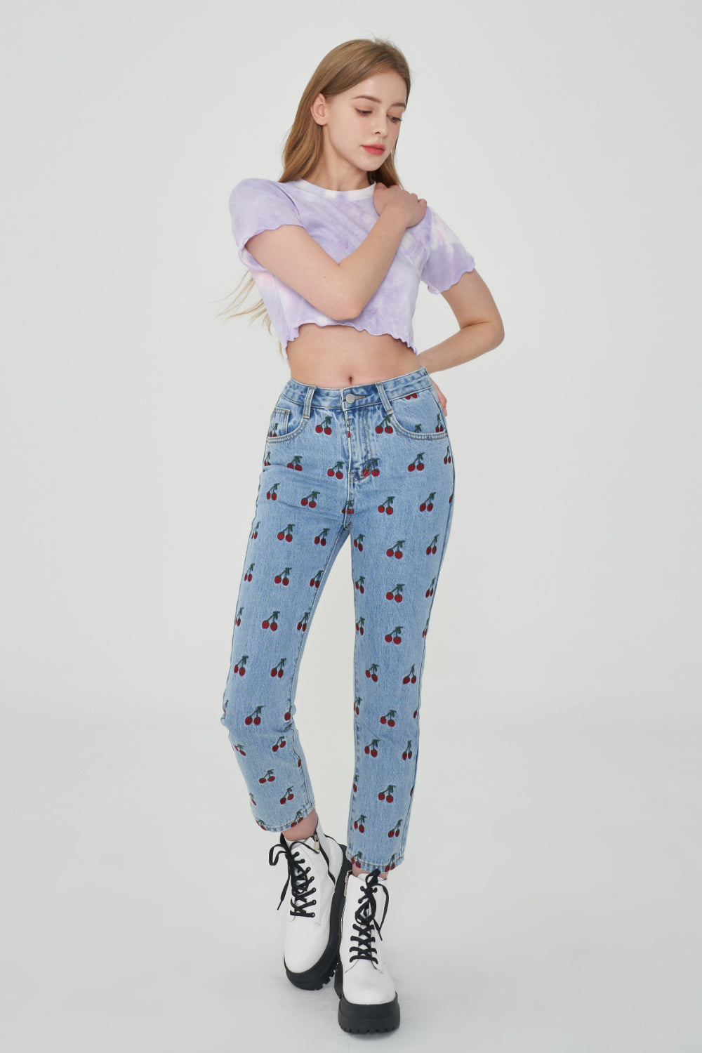 STRAIGHT FIT CHERRY EMBROIDERY DENIM PANTS [6851]