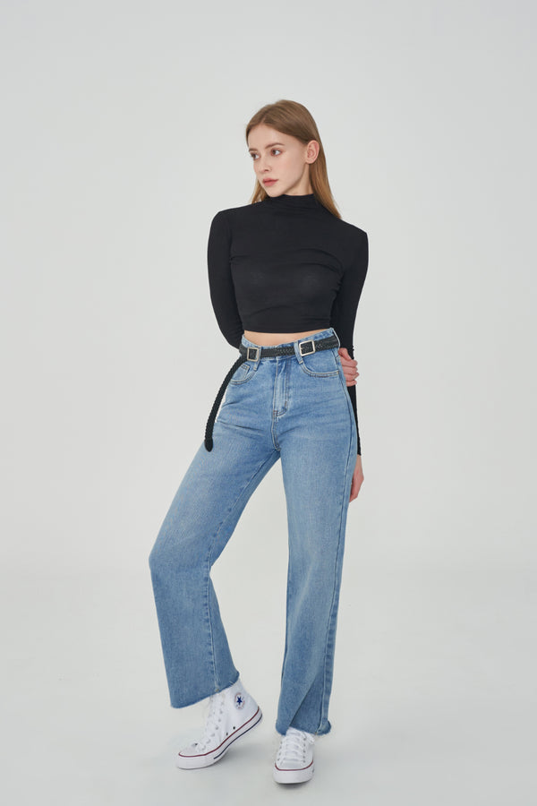  SONG JI HYO, VIVIZ EUNHA, SISTAR HYRIN, EVERGLOW AISHA, NATURE LU, STAYC ISA, FROMIS_9 SAEROM WORNSEMI WIDE FIT BELT SET SLIT DENIM PANTS [6607]