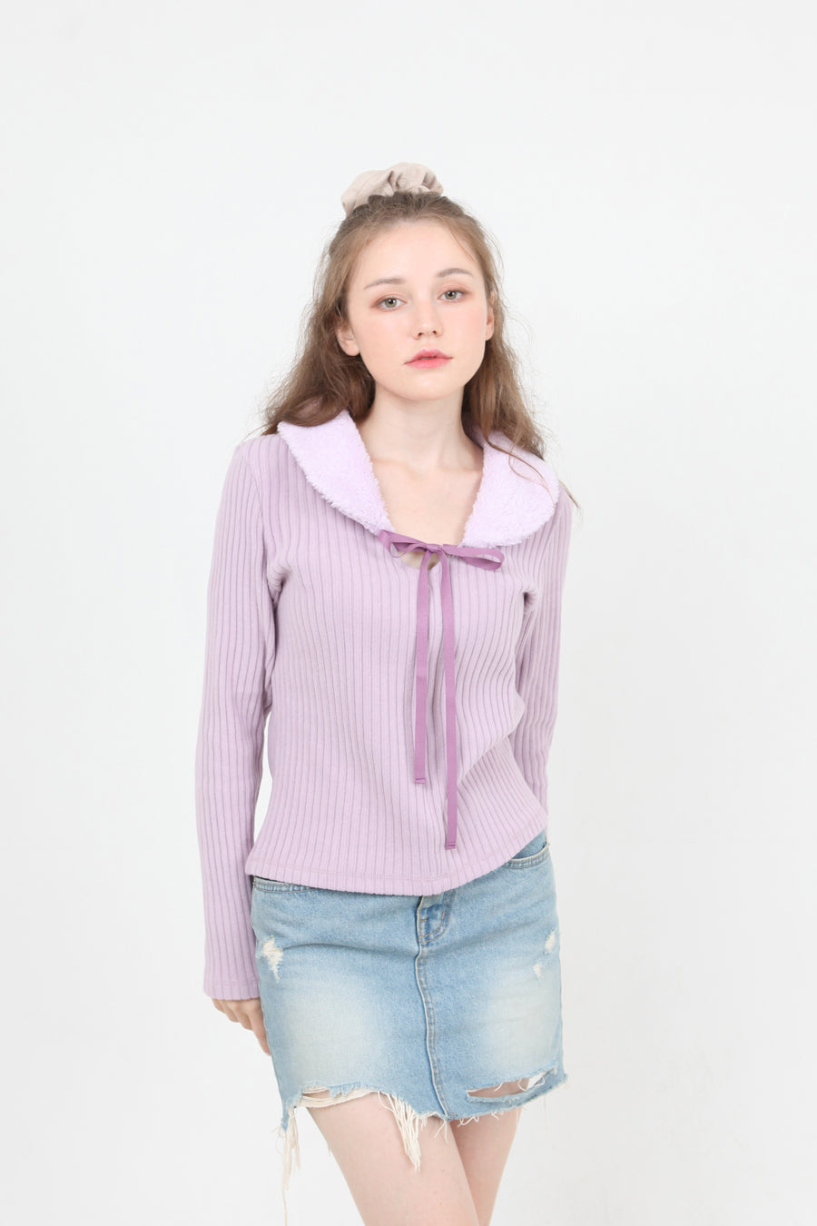 fur collar knit t-shirt purple