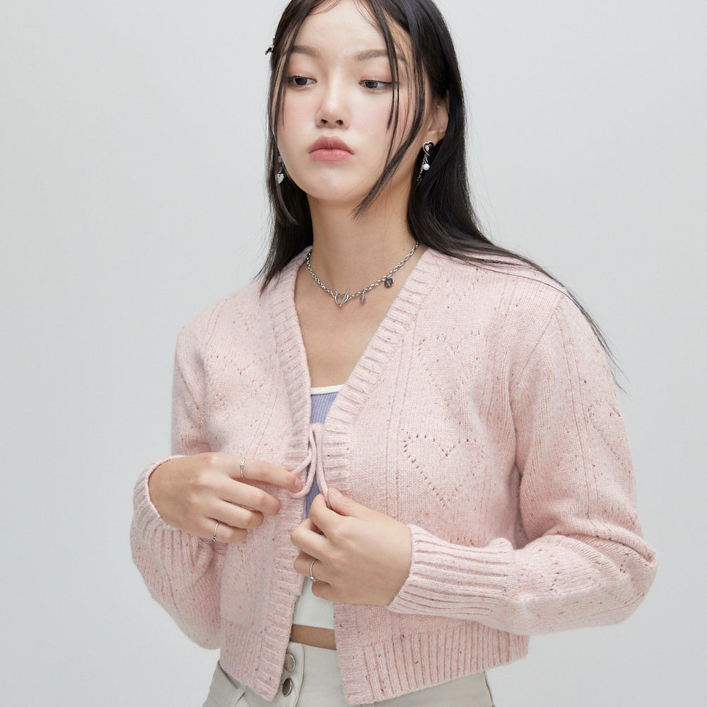heart crochet knit cardigan pink