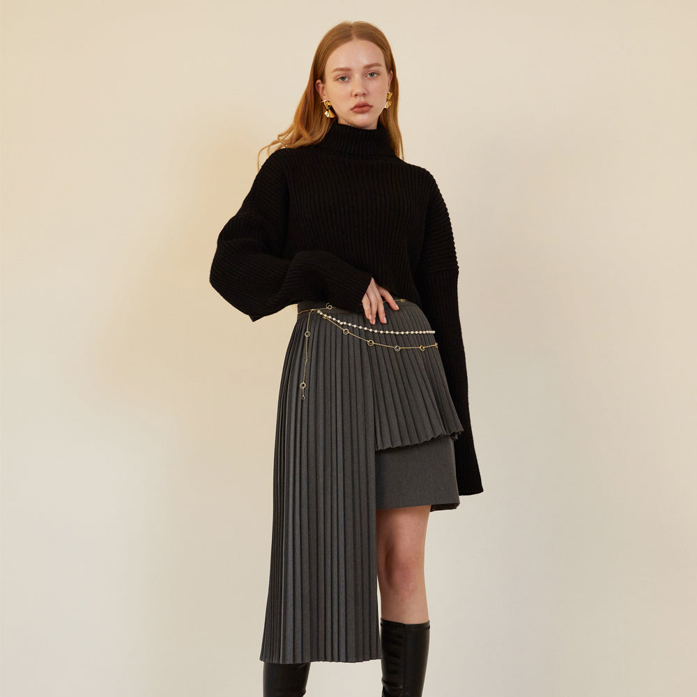 UNBAL PLEATS SKIRT (CHARCOAL)