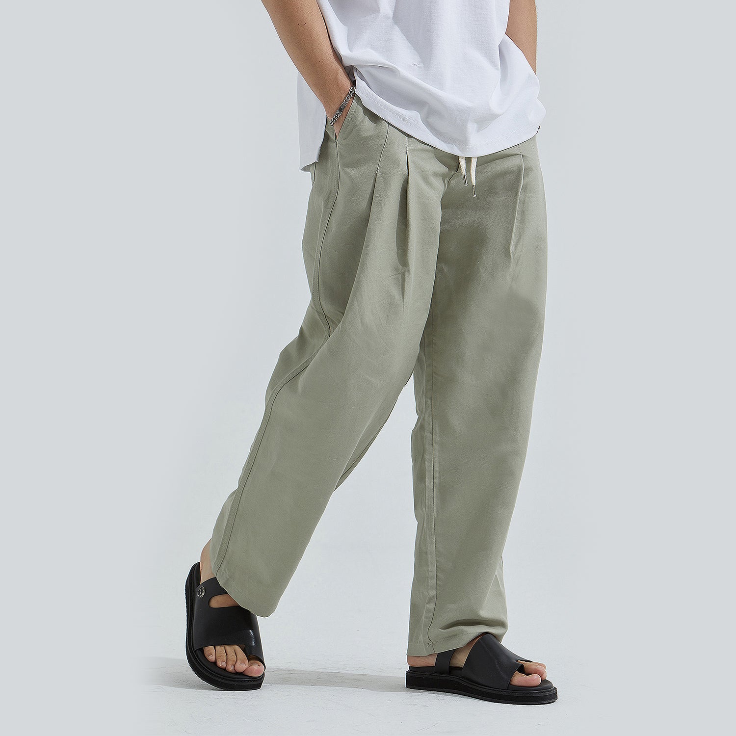 Linen Two-tuck Balloon Pants  (KHAKI GRAY)