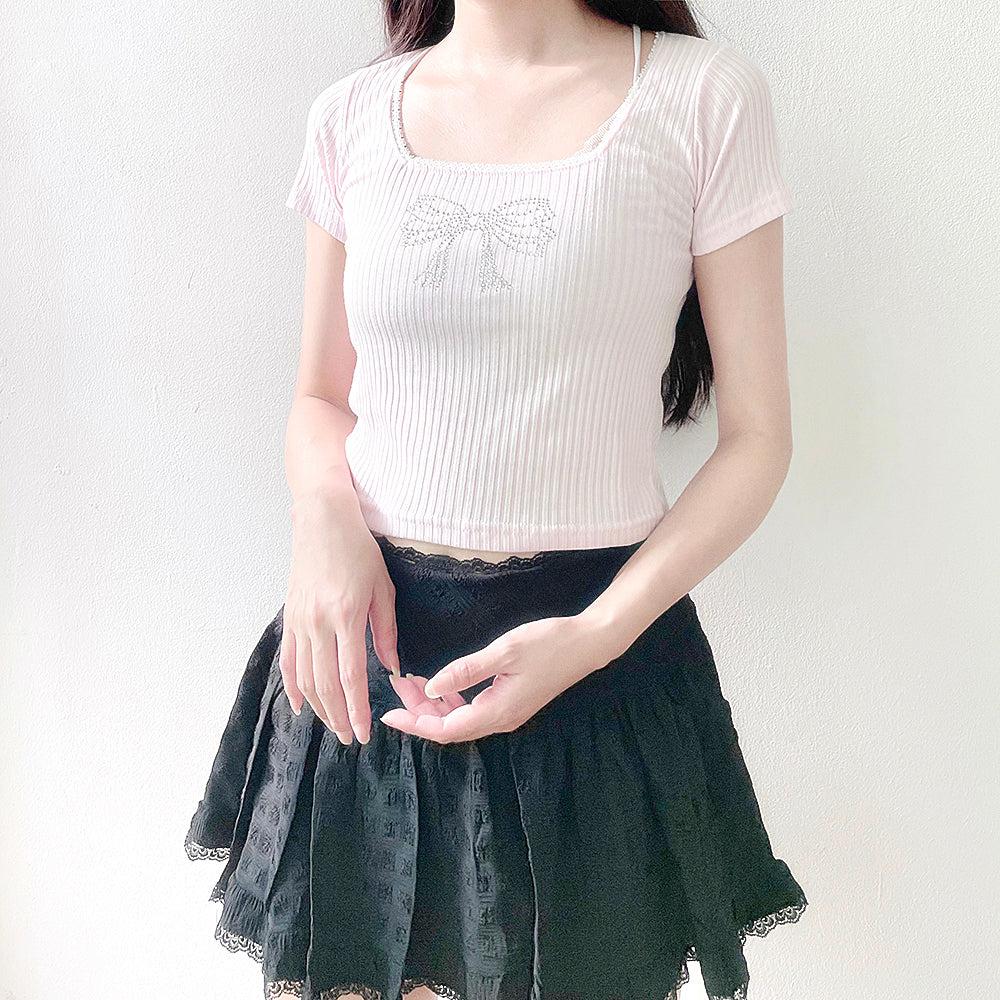 Shine Ribbon Cubic Lace T-Shirt (Baby Pink)