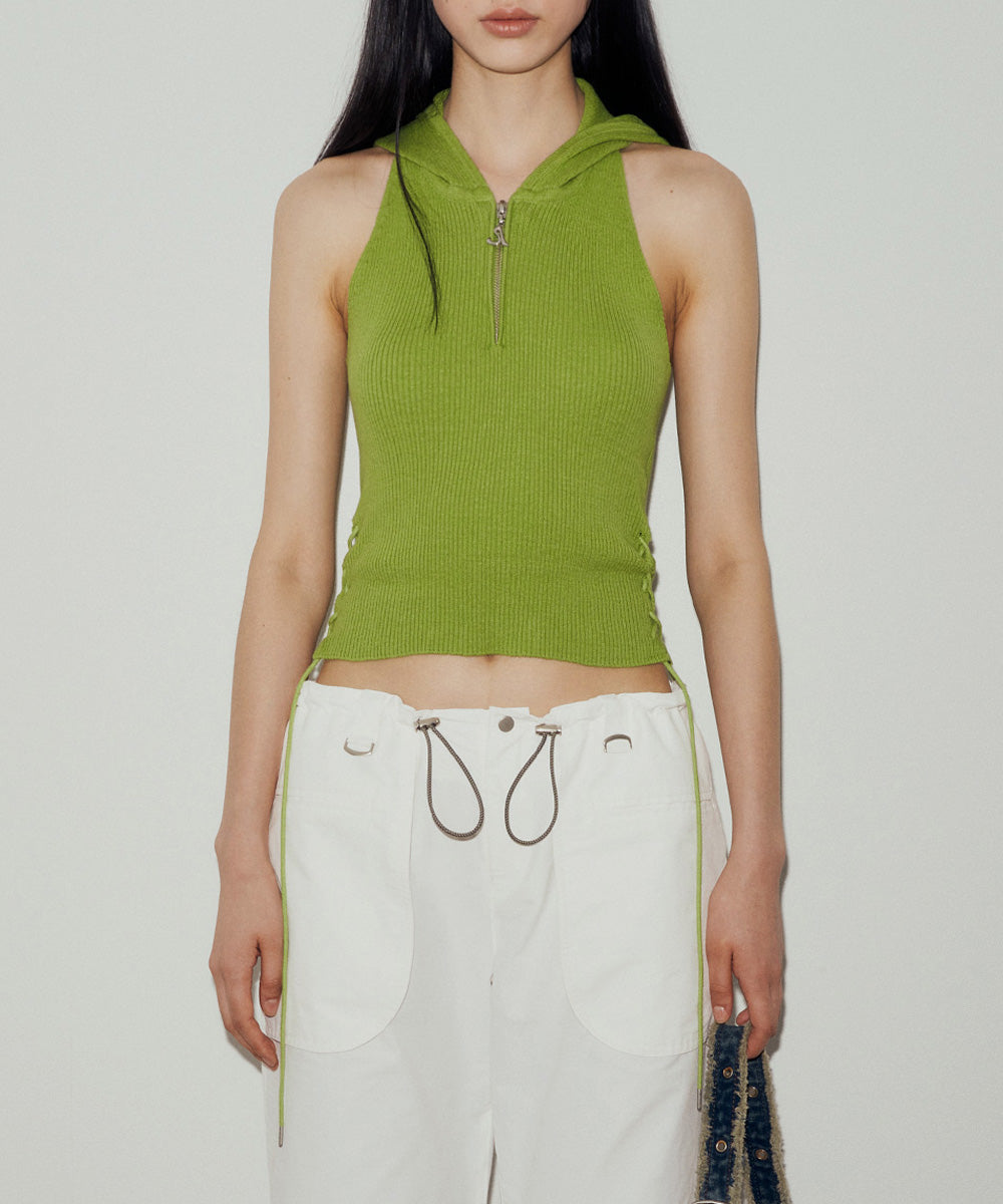 LACE-UP HALTER HOODED KNIT SLEEVELESS (GREEN)