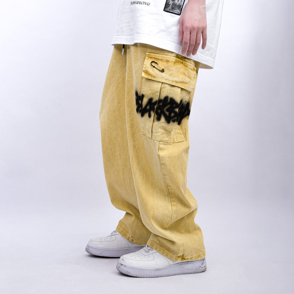 BBD Graffiti Logo Wide Denim Cargo Pants (Mustard)