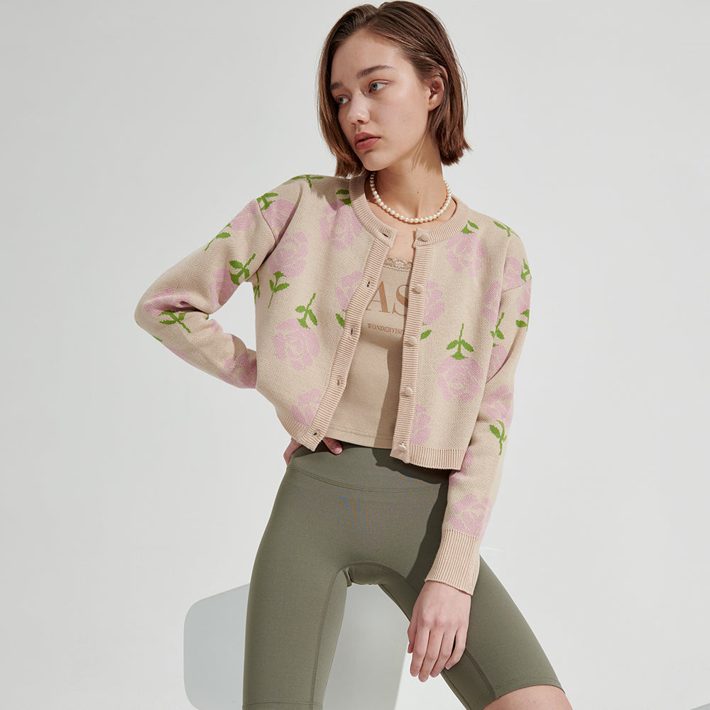 Rose pattern Crop Cardigan [Beige]