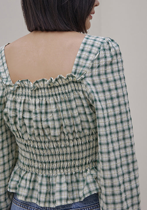 (BL-4035) Checkered Smoking Square Blouse