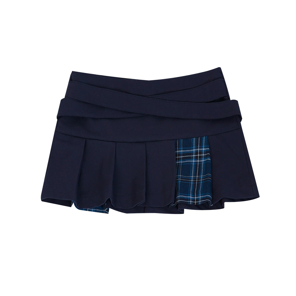 BELTED CHECK PLEATS SKIRT #NAVY