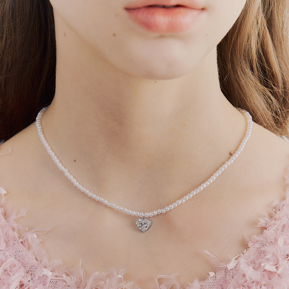 pave heart pearl necklace