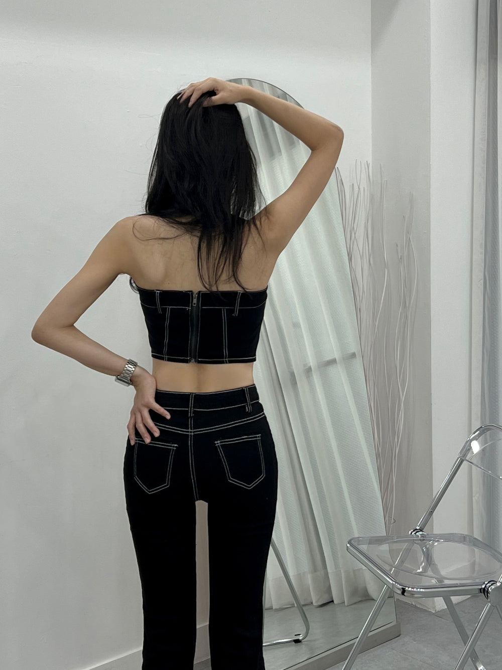 Stitch denim tube top (Black)