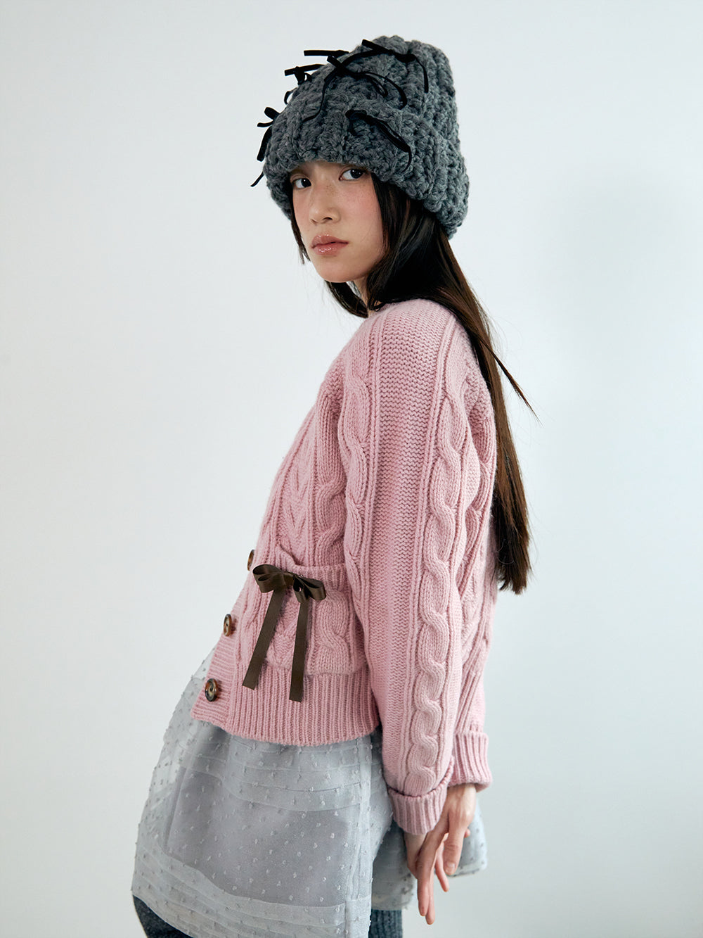 ribbon wool cable cardigan_pink