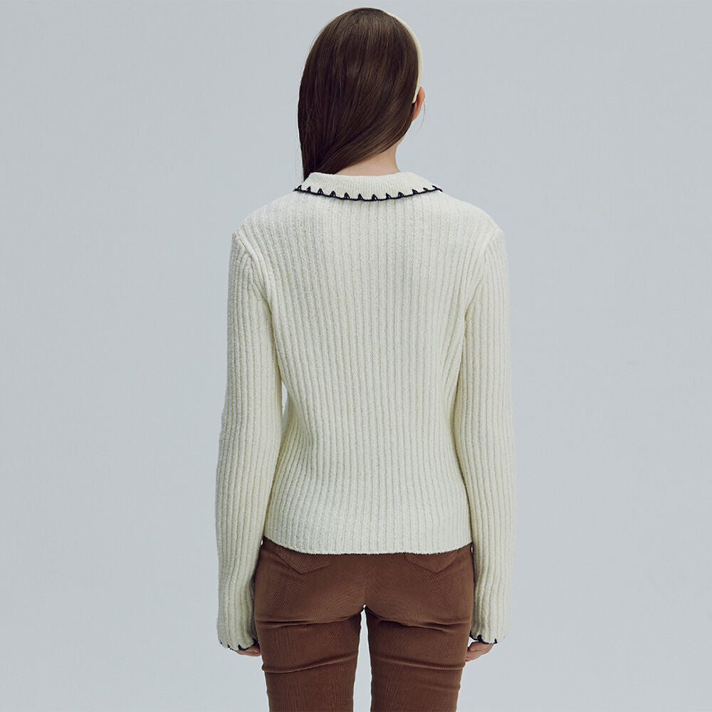 Embroidery collar knit top - Ivory