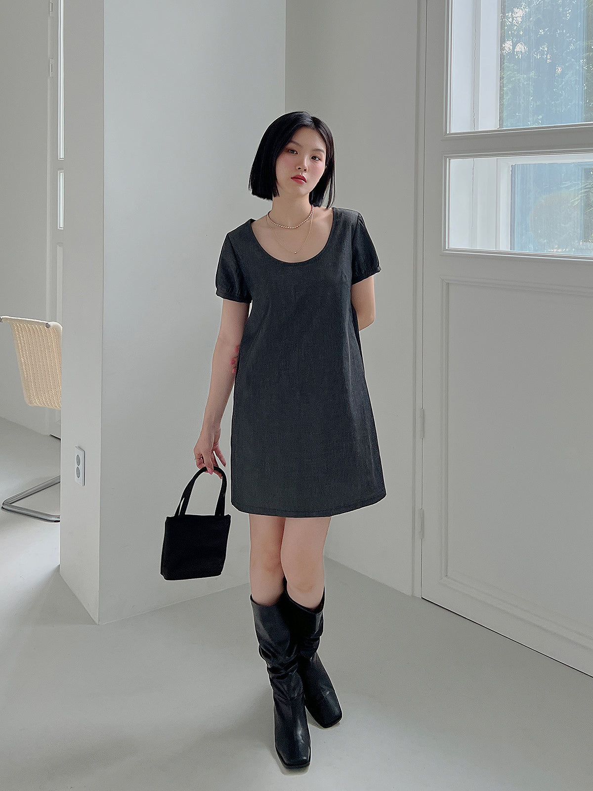 Deep U Neck Denim Dress (2color)