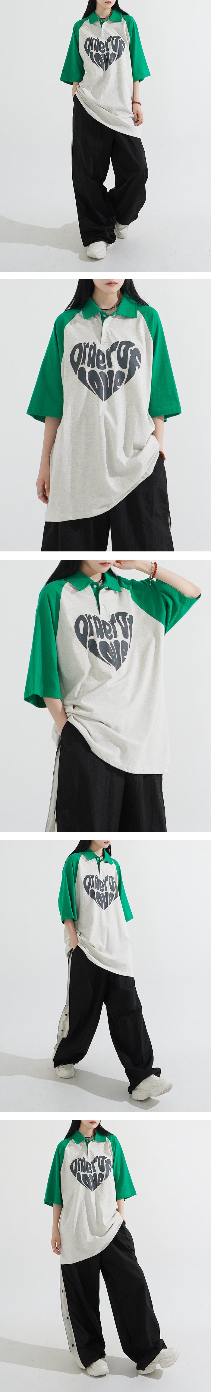 Raglan Heart Collar Half Sleeve T-shirts