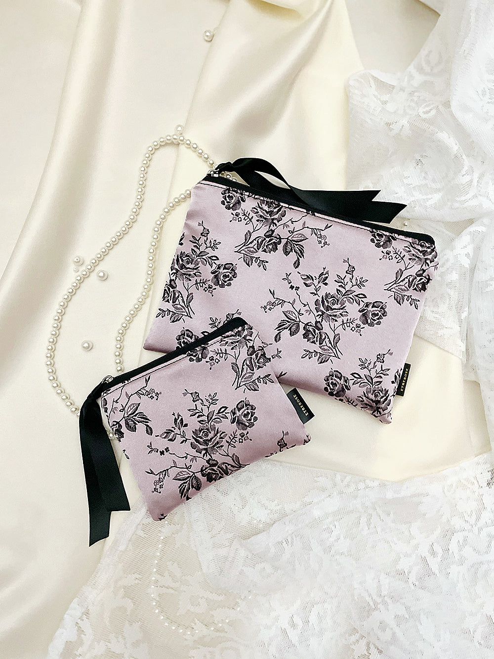 Rose Embroidery Satin Zip-pouch (SET/3color)