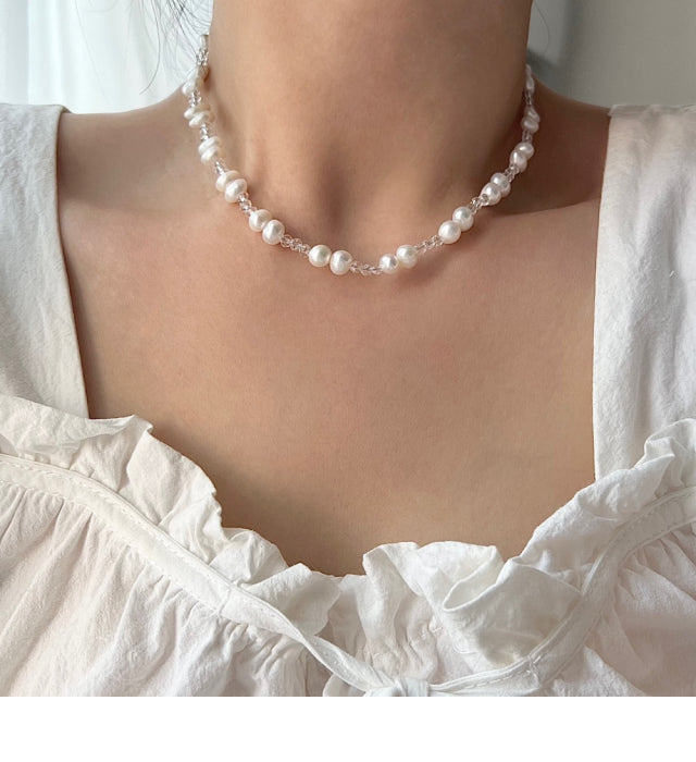 cr silver 925 fresh water pearl transparent beads innocent wedding choker necklace