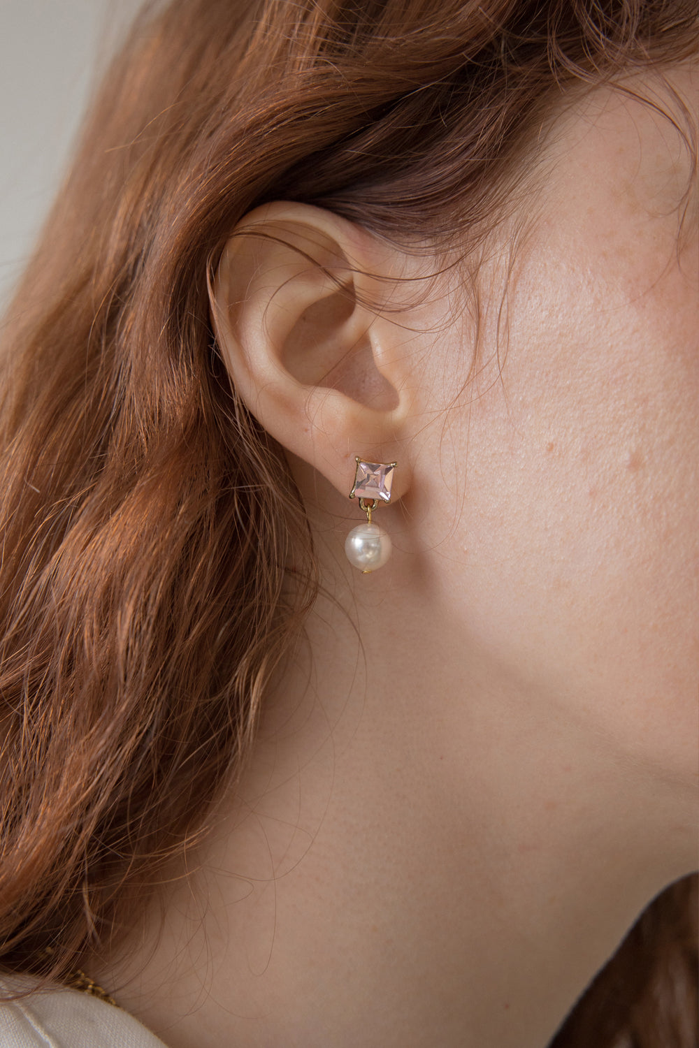 Pink crystal and pearl drop earring